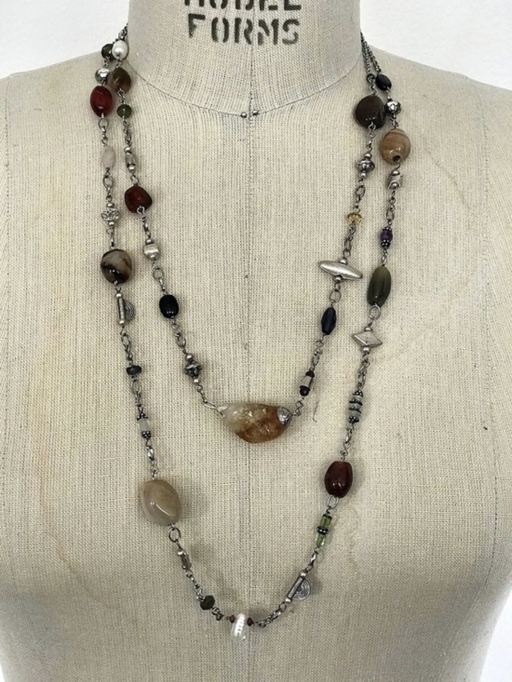 Long Multi-precious Gem Stone Necklace Layered Beaded Multicolor
